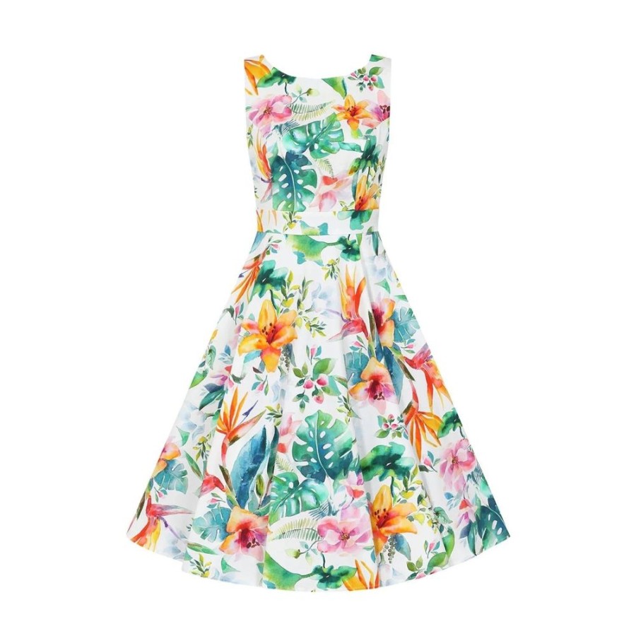 Hearts and Roses Tropical Print White Floral Summer Swing Party Dress | Floral Dresses