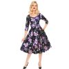 Pretty Kitty Fashion Purple Floral Print 3/4 Sleeve 50S Swing Tea Dress | Rockabilly Dresses