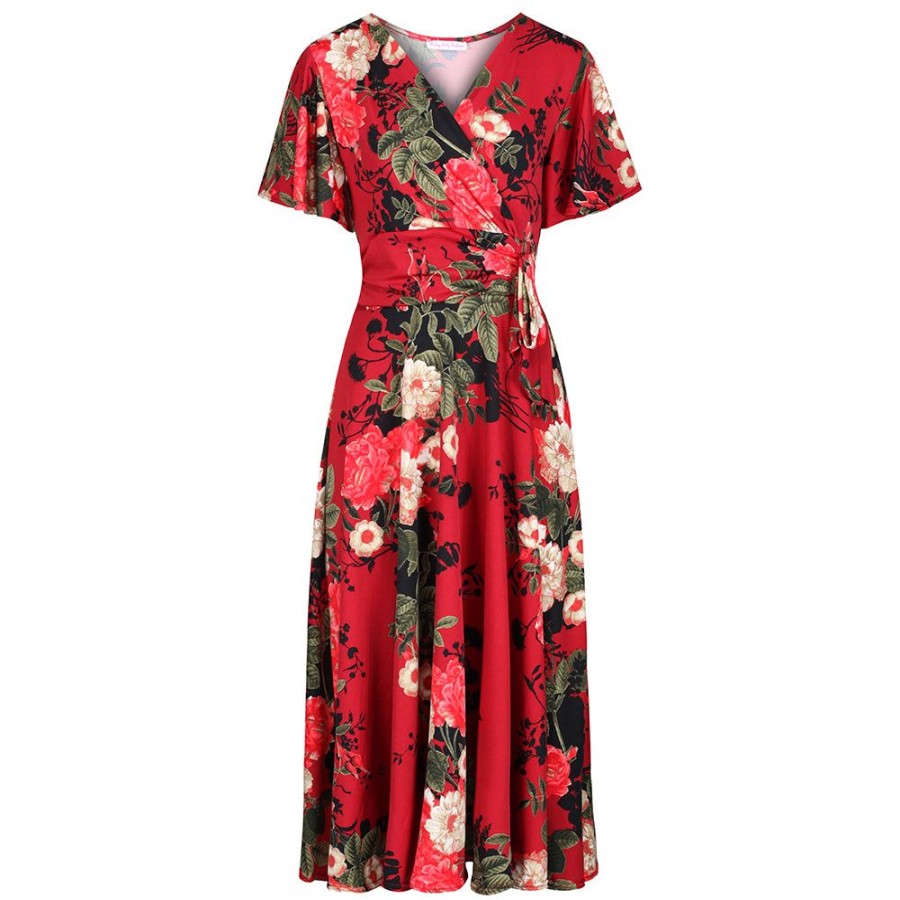 Pretty Kitty Fashion Wine Floral Print Cap Sleeve V Neck Wrap Top Swing Dress | Floral Dresses