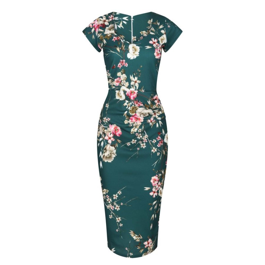 Pretty Kitty Fashion Floral Print Cap Sleeve V Neck 40S Style Wiggle Dress | Floral Dresses