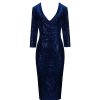 Pretty Kitty Fashion Navy 3/4 Sleeve V Neck Velour Sequin Pencil Wiggle Dress | Velour Dresses