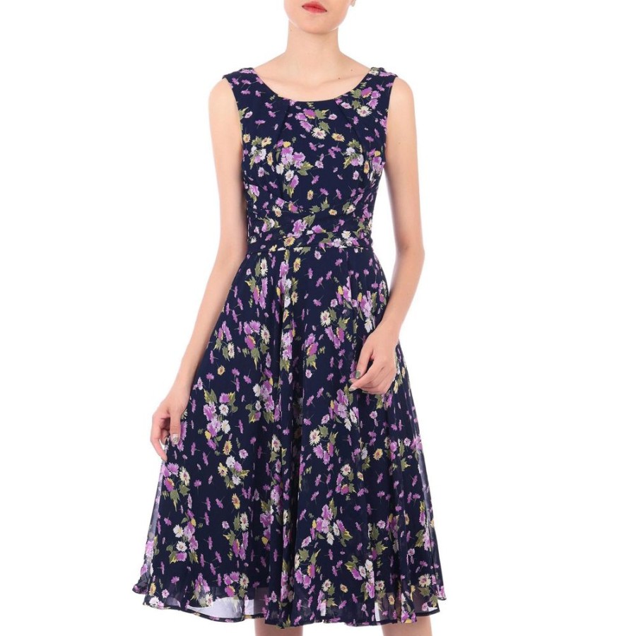 Jolie Moi Jolie Moi Navy Floral Sleeveless Chiffon 50S Swing Audrey Dress | Jolie Moi Dresses