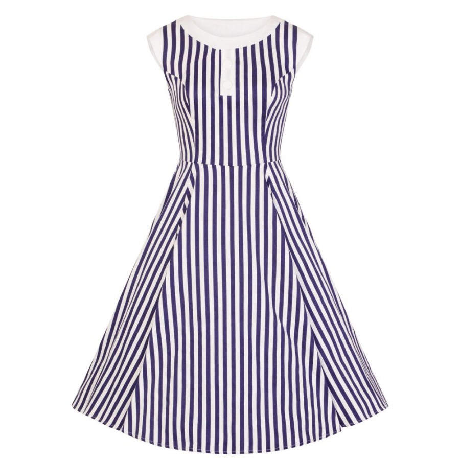 Pretty Kitty Fashion Navy Blue And White Striped Sleeveless Rockabilly 50S Swing Dress | Rockabilly Dresses