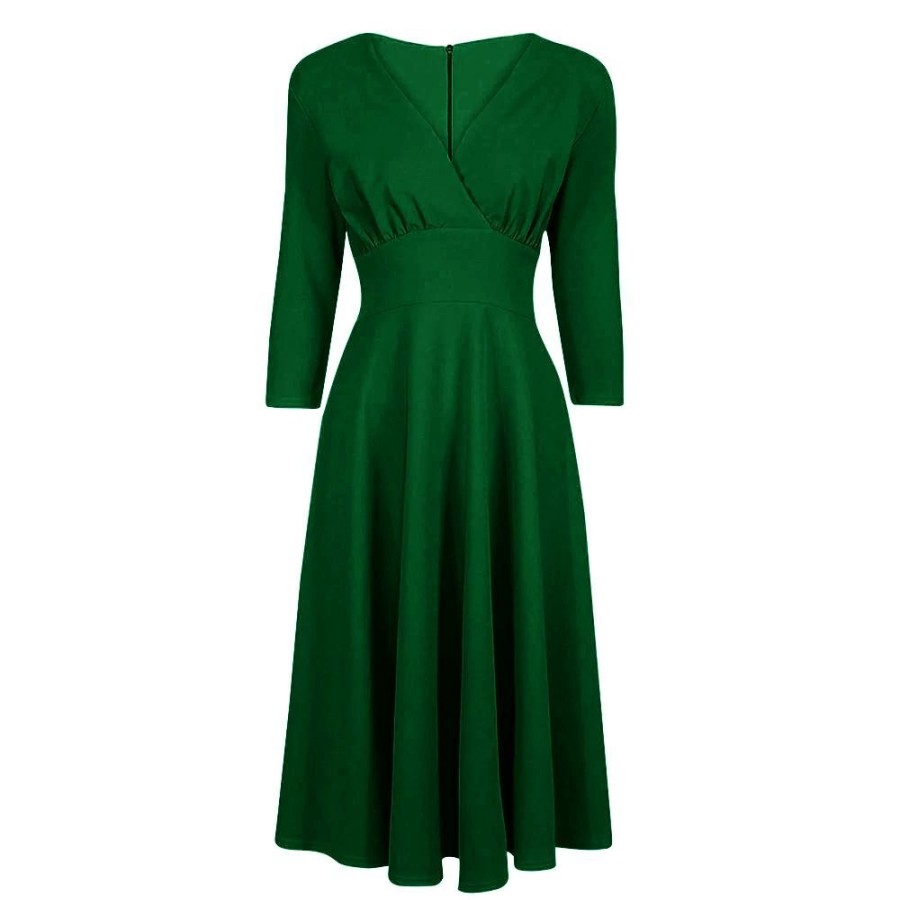 Pretty Kitty Fashion Emerald Vintage A Line Crossover 3/4 Sleeve Tea Swing Dress | 50S Swing Dresses