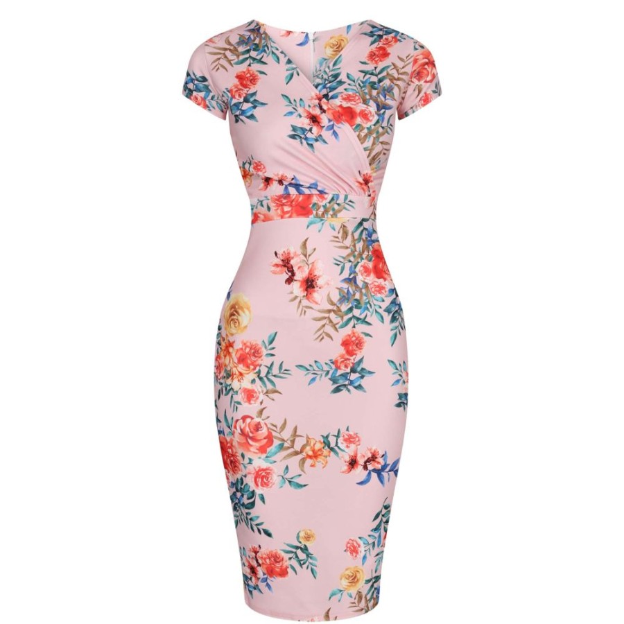 Pretty Kitty Fashion Floral Print Crossover Top Cap Sleeve Pencil Dress | Floral Dresses