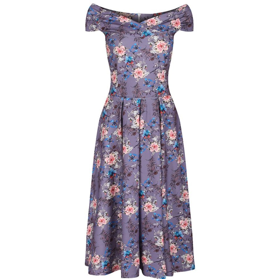 Pretty Kitty Fashion Mauve Floral Print Cap Sleeve Crossover Top 50S Swing Bardot Dress | 50S Swing Dresses