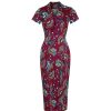 Pretty Kitty Fashion Plum Bird Peacock Floral Print V Neck Wiggle Dress | Cocktail Dresses