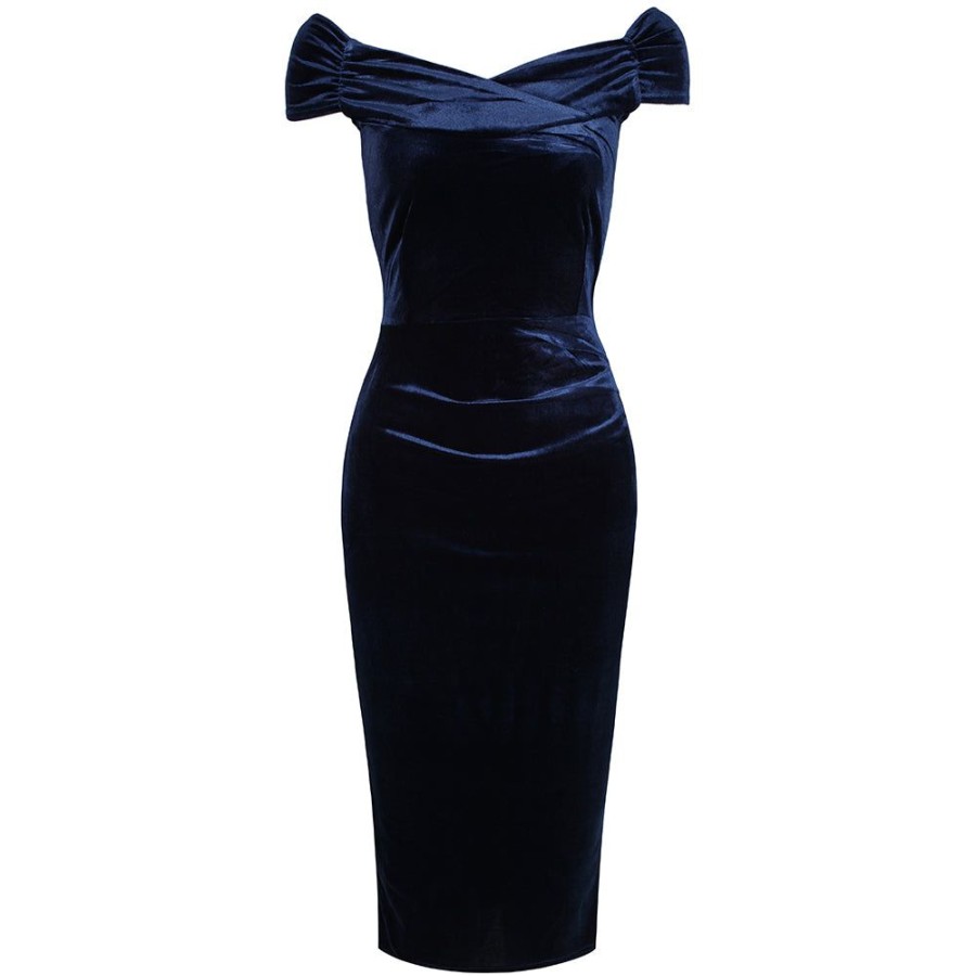 Pretty Kitty Fashion Navy Velour Cap Sleeve Crossover Top Bardot Wiggle Dress | Bardot Dresses