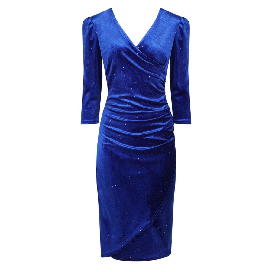 Pretty Kitty Fashion Blue Velour Sparkle Wrapover 3/4 Sleeve Midi Dress | Party Dresses