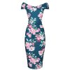 Pretty Kitty Fashion Green & Pink Floral Print Cap Sleeve Bardot Neckline Wiggle Dress | Floral Dresses