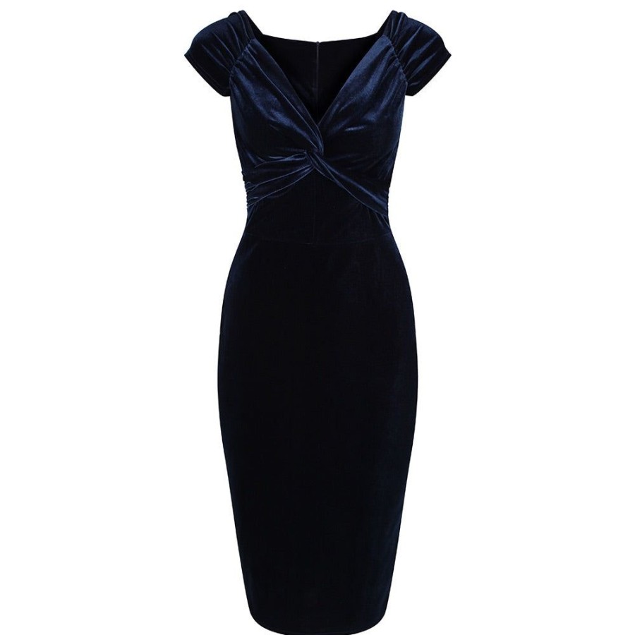 Pretty Kitty Fashion Navy Vintage 40S Style Velour Crossover Bust Wiggle Dress | Party Dresses