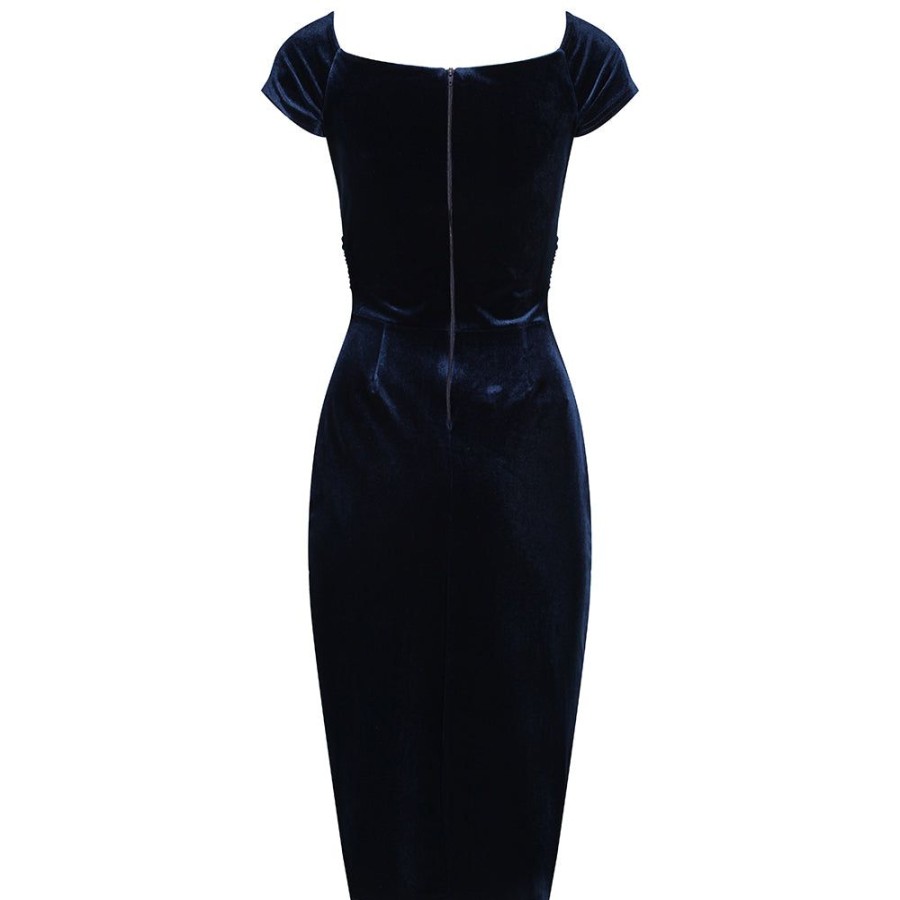 Pretty Kitty Fashion Navy Vintage 40S Style Velour Crossover Bust Wiggle Dress | Party Dresses