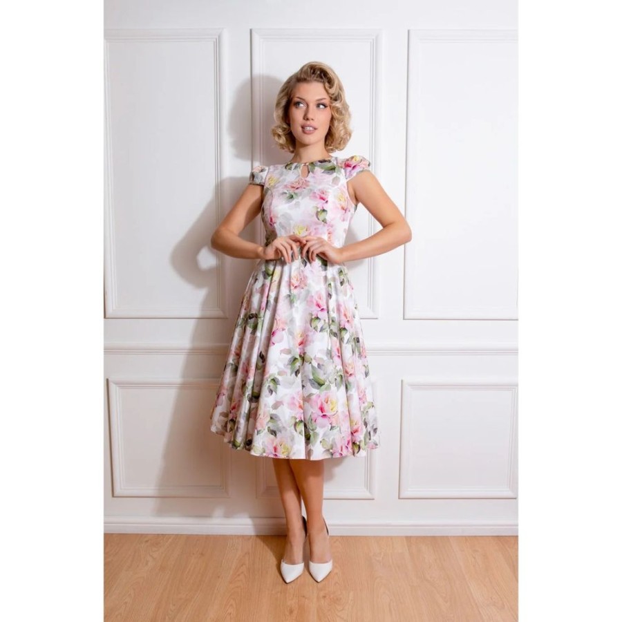 Pretty Kitty Fashion Floral Print Gathered Cap Sleeve 50S Swing Dress | Party Dresses