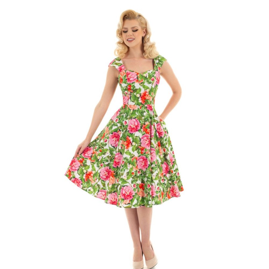 Pretty Kitty Fashion Green And Pink Floral Print 50S Swing Dress | 50S Swing Dresses