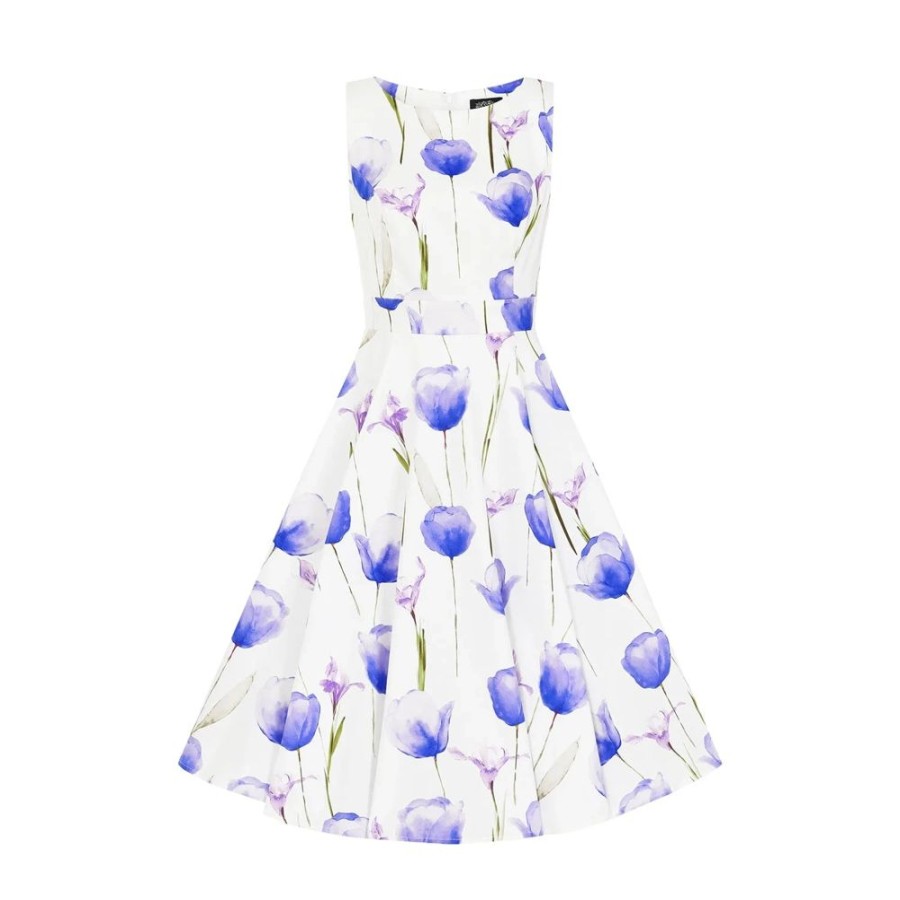 Hearts and Roses White & Purple Tulips Floral Print 50S Swing Dress | Rockabilly Dresses