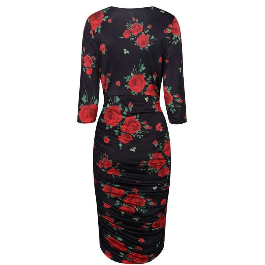 Pretty Kitty Fashion And Red Rose Print 3/4 Sleeve Wrap Over Midi Dress | Party Dresses