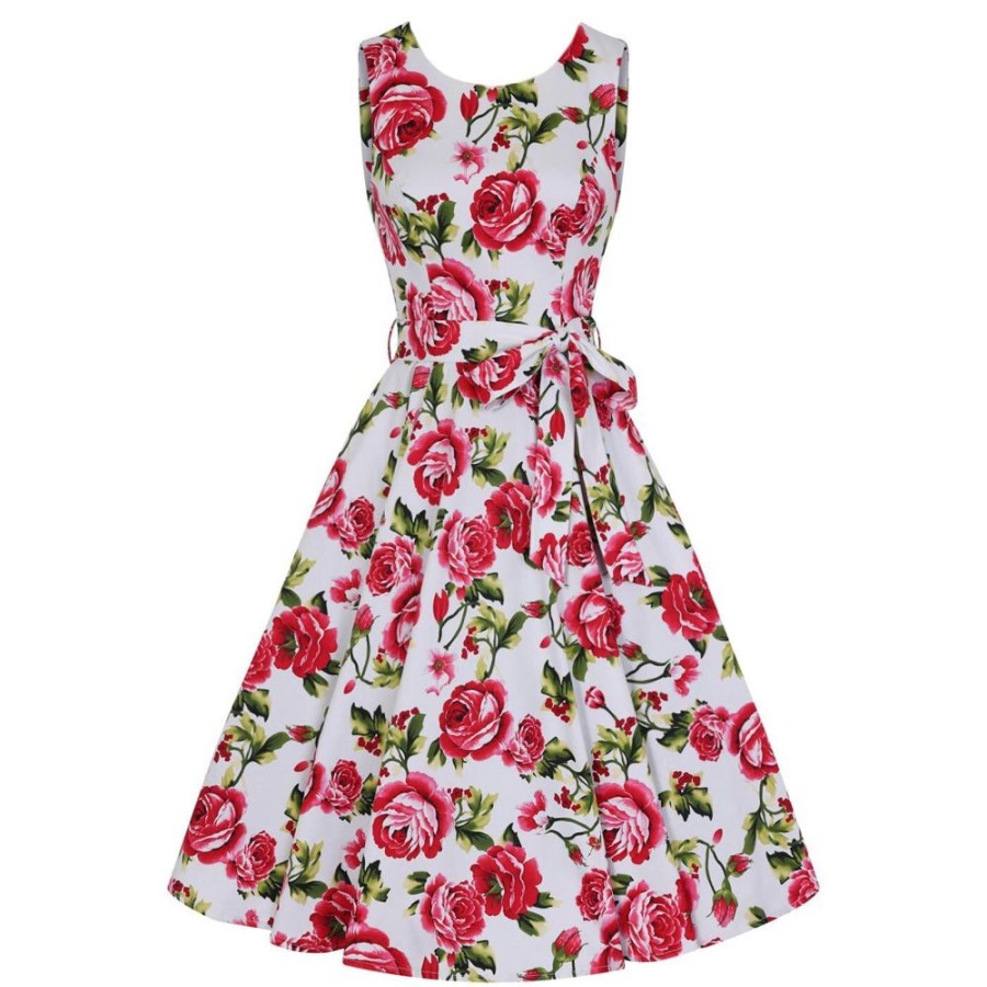 Pretty Kitty Fashion White And Pink Rose Floral Print Audrey 50S Summer Swing Dress | Rockabilly Dresses