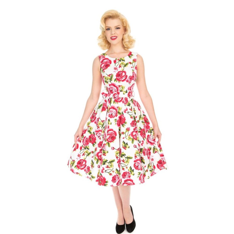 Pretty Kitty Fashion White And Pink Rose Floral Print Audrey 50S Summer Swing Dress | Rockabilly Dresses