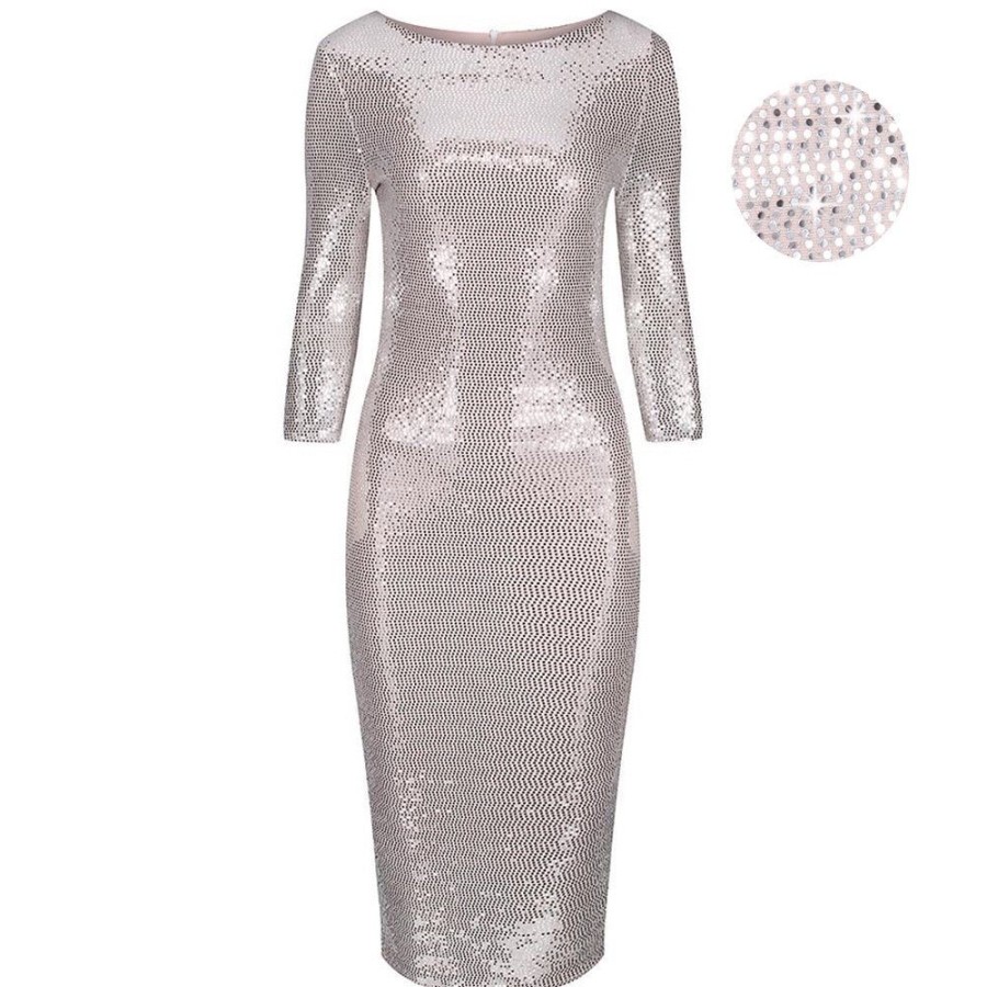 Pretty Kitty Fashion Pink & Silver Sequin 3/4 Sleeve Bodycon Pencil Wiggle Party Dress | Party Dresses