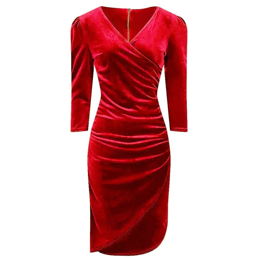 Pretty Kitty Fashion Scarlet Velour Velvet Wrap Over 3/4 Sleeve Midi Dress | Velour Dresses