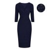 Pretty Kitty Fashion Navy Silver Sparkle Deep V 3/4 Sleeve Bodycon Ruched Waist Wiggle | Pencil Dresses