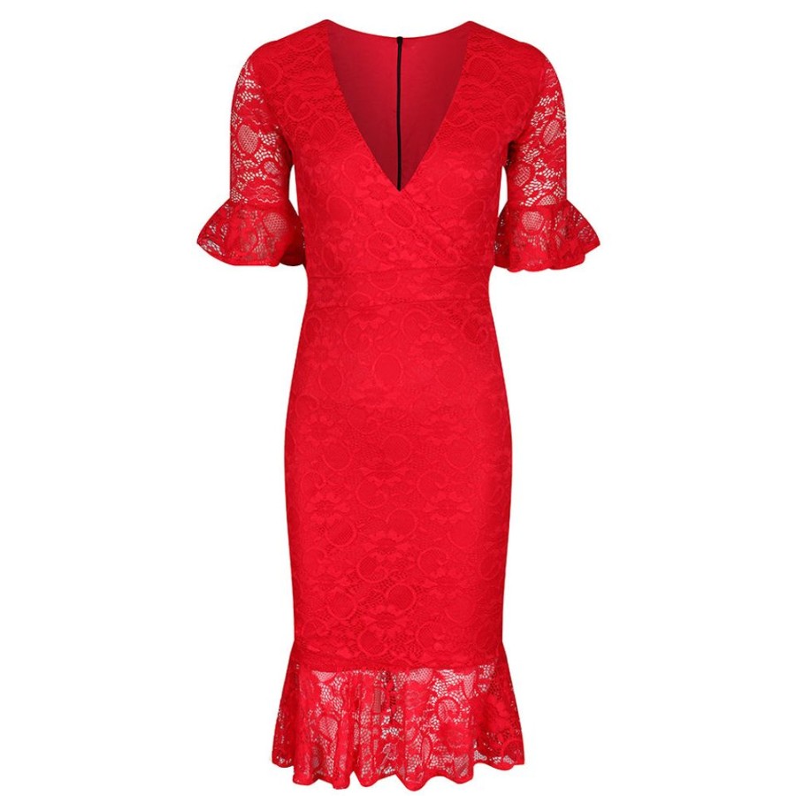 Pretty Kitty Fashion Lace Half Sleeve Fishtail Peplum Hem Bodycon Pencil Dress | Lace Dresses