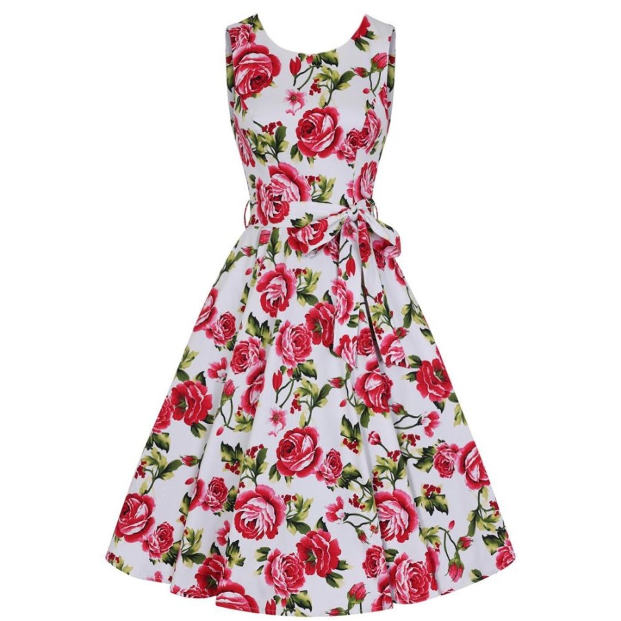 Pretty Kitty Fashion White And Pink Rose Floral Print Audrey 50S Summer Swing Dress | Floral Dresses