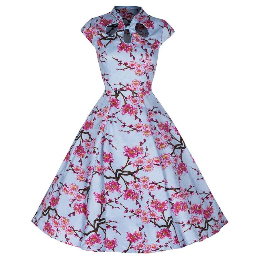 Pretty Kitty Fashion Sky Blue And Pink Floral Print 50S Swing Dress | Floral Dresses