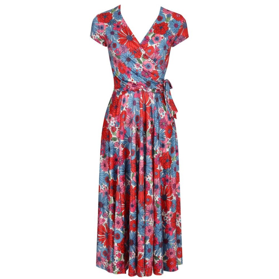 Pretty Kitty Fashion Red Blue Floral Print Cap Sleeve Crossover Top Swing Dress | Party Dresses