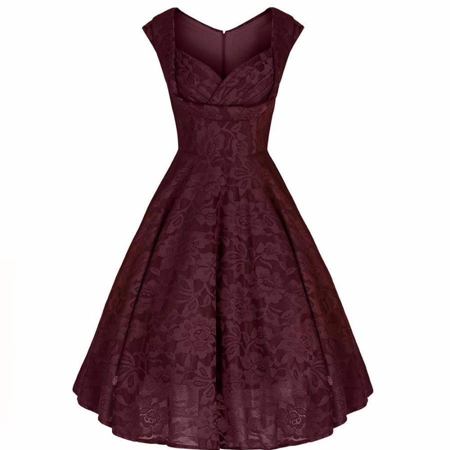 Jolie Moi Jolie Moi Wine Embroide Lace Sweetheart Neck 50S Swing Dress | Cocktail Dresses