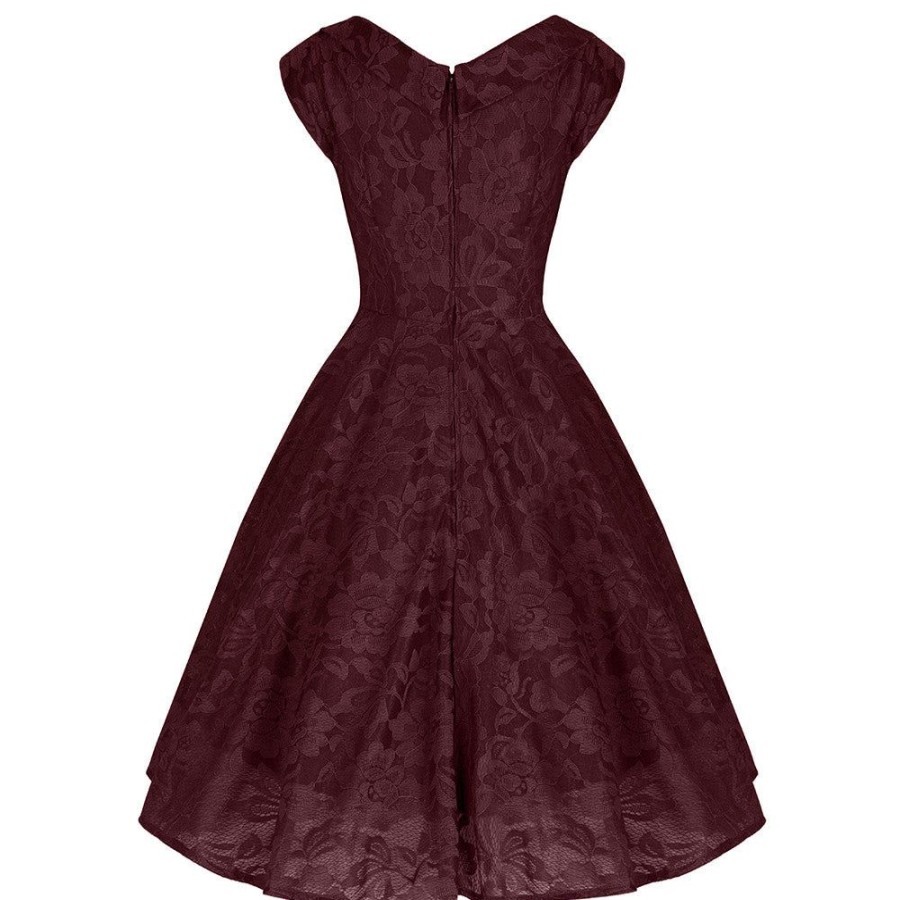 Jolie Moi Jolie Moi Wine Embroide Lace Sweetheart Neck 50S Swing Dress | Cocktail Dresses