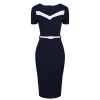 Pretty Kitty Fashion Navy Cream Short Sleeve Belted Nautical Pencil Dress | Wiggle Dresses