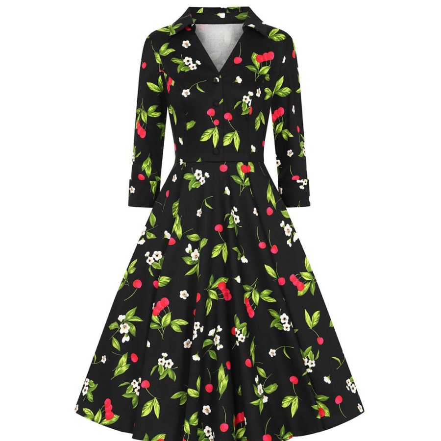 Pretty Kitty Fashion Red Cherry Print Collared V Neck Rockabilly 50S Swing Dress W/ | 50S Swing Dresses