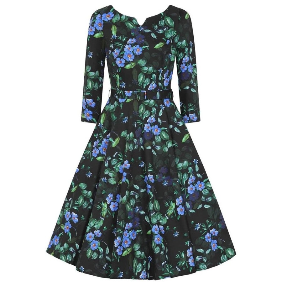 Pretty Kitty Fashion And Blue Floral Print 3/4 Sleeve 50S Swing Dress | 50S Swing Dresses