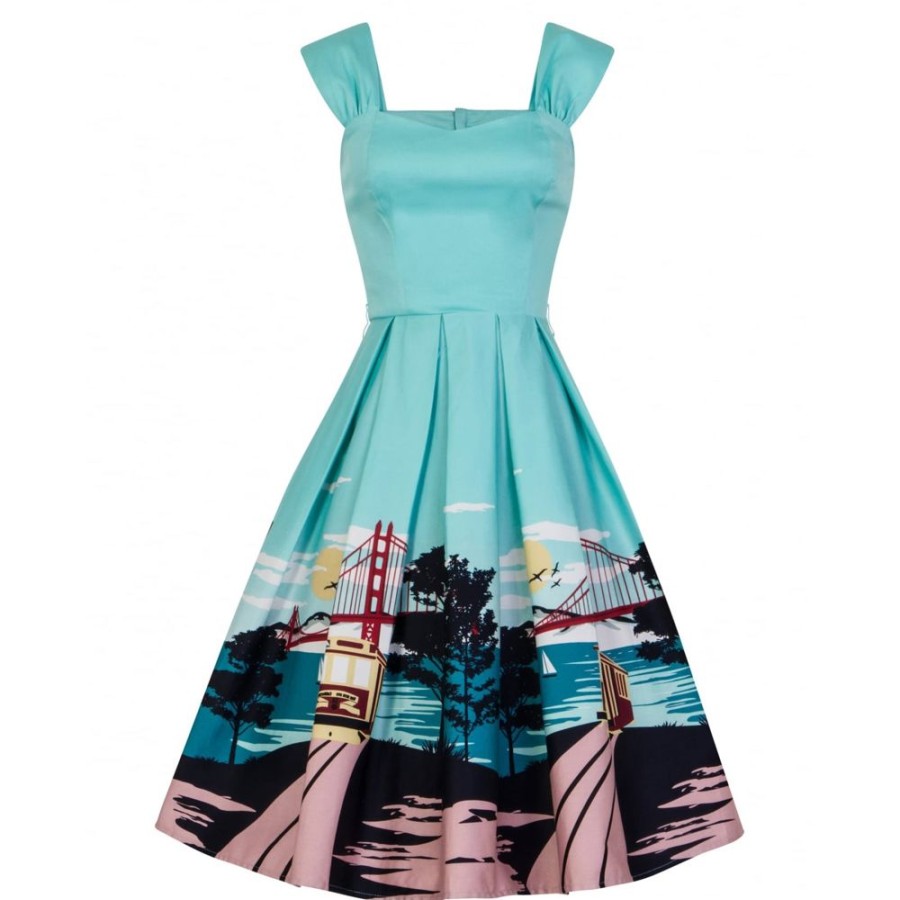 Pretty Kitty Fashion Collectif Aqua San Francisco City Print 50S Swing Dress | 50S Swing Dresses