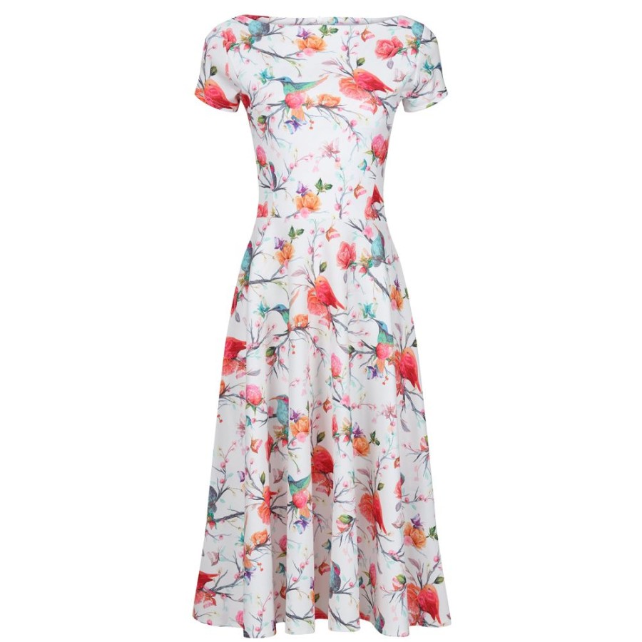 Pretty Kitty Fashion Floral, Bird & Butterfly Print Cap Sleeve 50S Audrey Swing Dress | 50S Swing Dresses