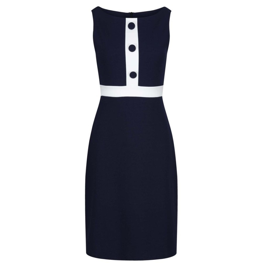 Pretty Kitty Fashion Navy And White Sleeveless Button Detail Bodycon Midi Dress | Party Dresses