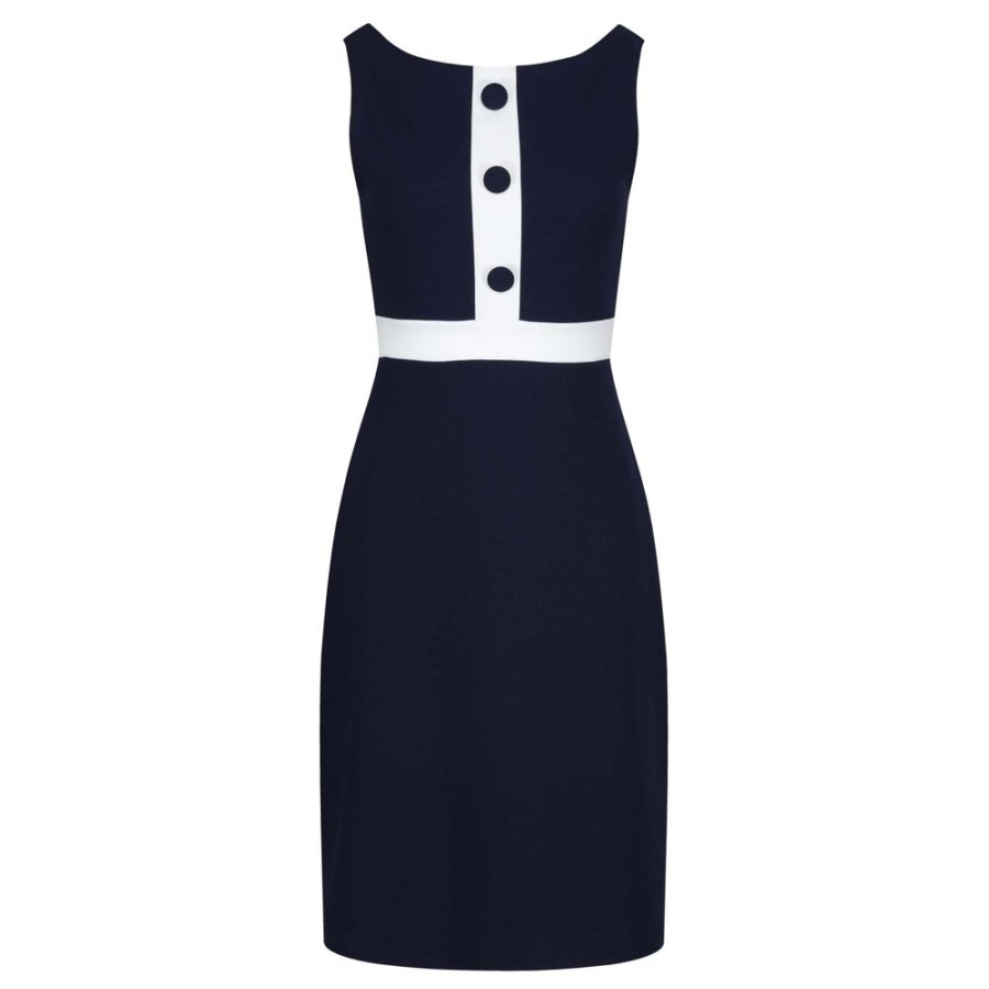 Pretty Kitty Fashion Navy And White Sleeveless Button Detail Bodycon Midi Dress | Party Dresses