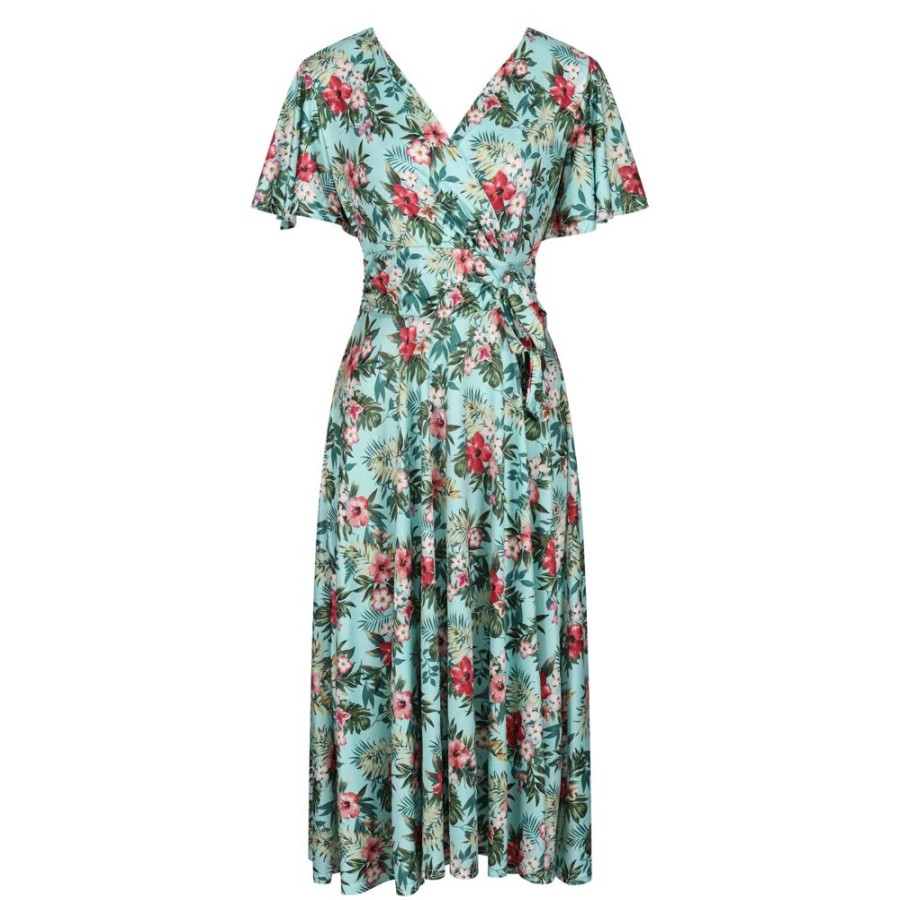 Pretty Kitty Fashion Mint Floral Print Cap Sleeve V Neck Wrap Top Swing Dress | Floral Dresses