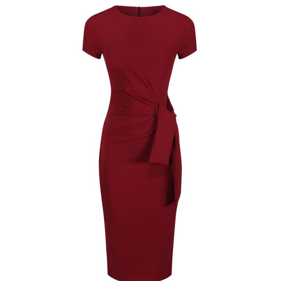 Pretty Kitty Fashion Wine Short Sleeve Ruched Tie Bodycon Pencil Dress | Party Dresses