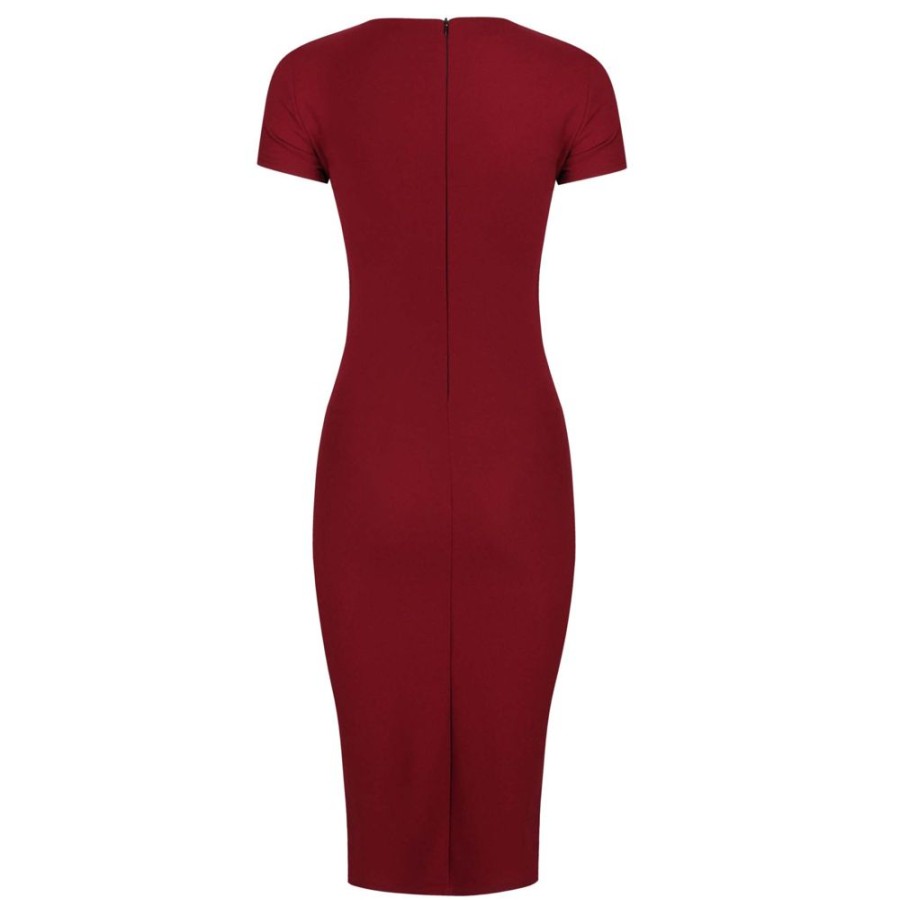 Pretty Kitty Fashion Wine Short Sleeve Ruched Tie Bodycon Pencil Dress | Party Dresses