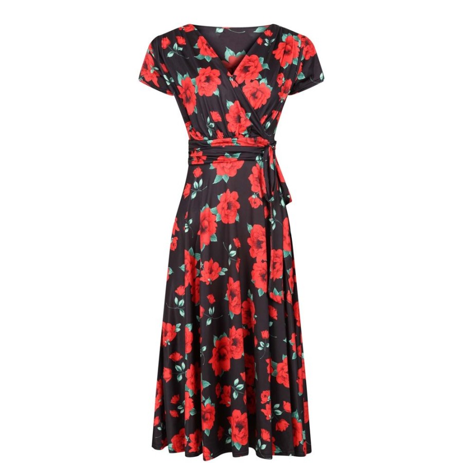 Pretty Kitty Fashion And Red Rose Print Cap Sleeve Fit And Flare Midi Dress | Little Black Dresses