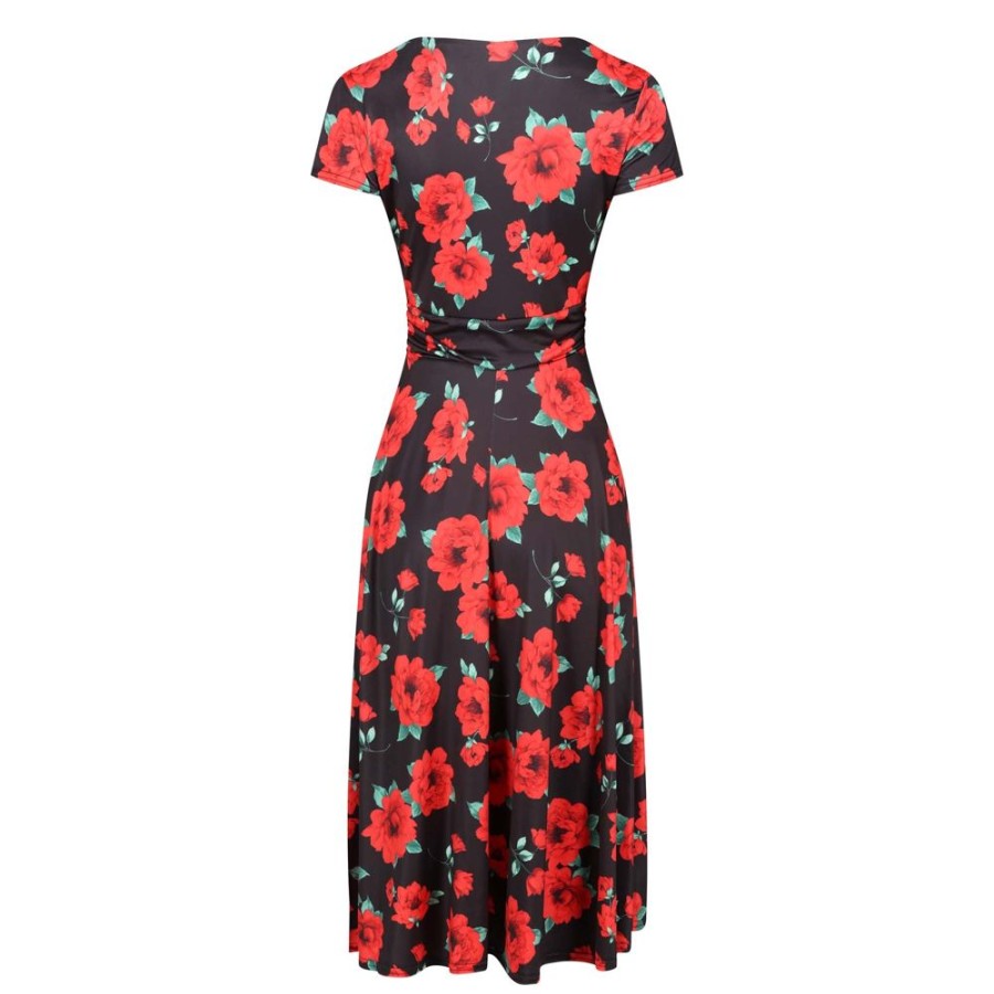 Pretty Kitty Fashion And Red Rose Print Cap Sleeve Fit And Flare Midi Dress | Little Black Dresses