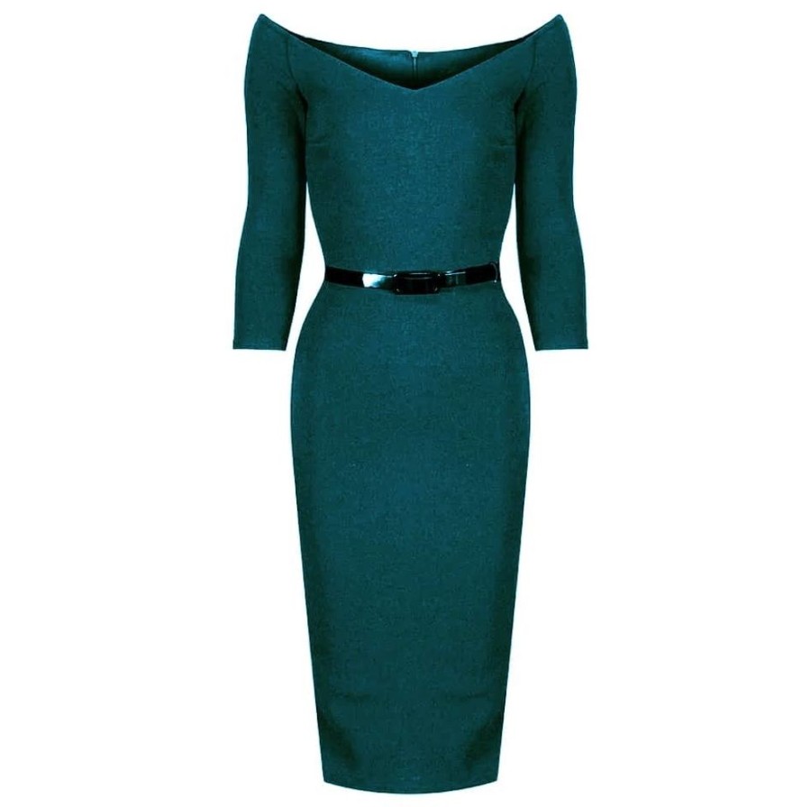 Pretty Kitty Fashion Wide V Neck 3/4 Sleeve Vintage Style Belted Bodycon Pencil Dress | Pencil Dresses