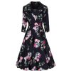 Pretty Kitty Fashion Navy Floral Print 3/4 Sleeve Shawl Collar V Neck 50S Swing Tea Dress | Tea Dresses