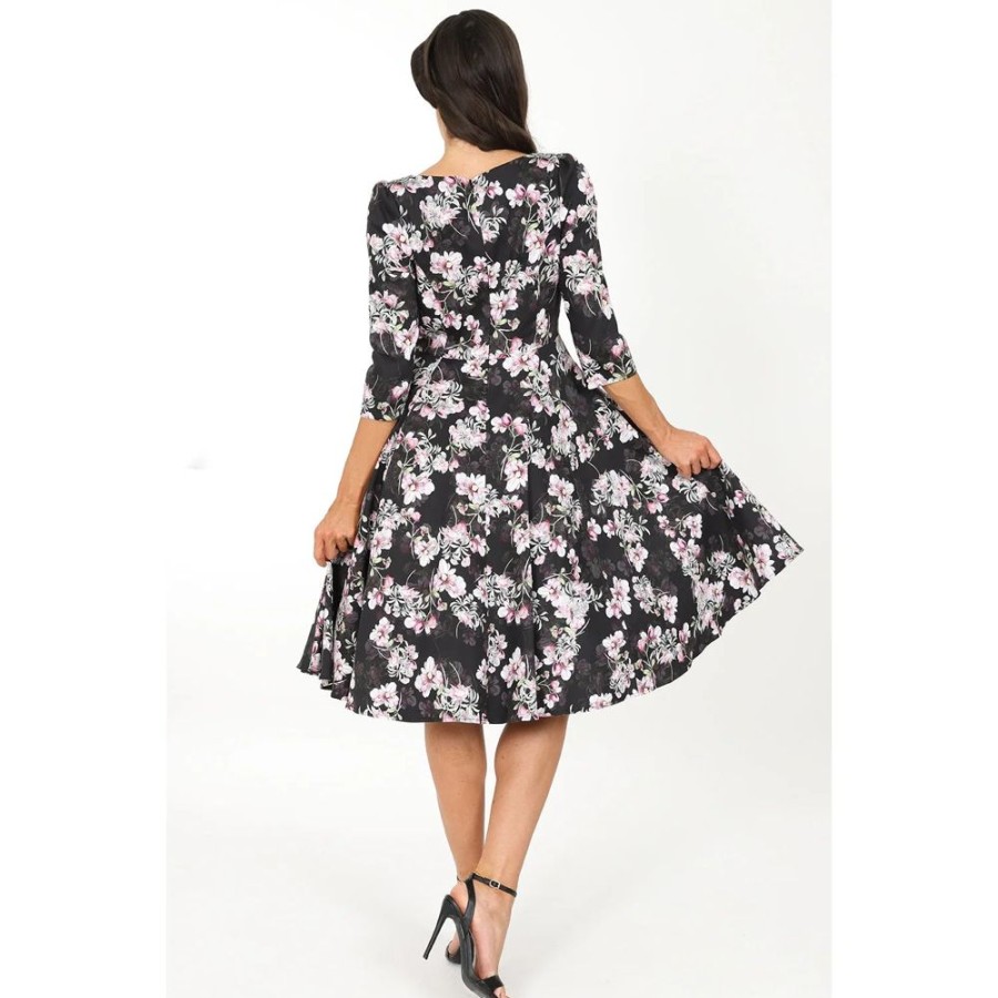 Hearts and Roses Pink Floral Print 50 3/4 Sleeve Swing Tea Dress With Pockets | Rockabilly Dresses