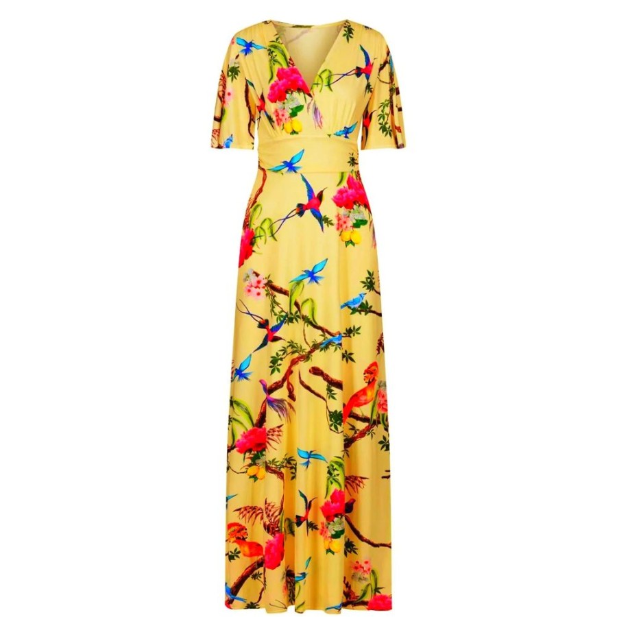 Pretty Kitty Fashion Tropical Bird & Floral Print Waterfall Sleeve Maxi Dress | Party Dresses