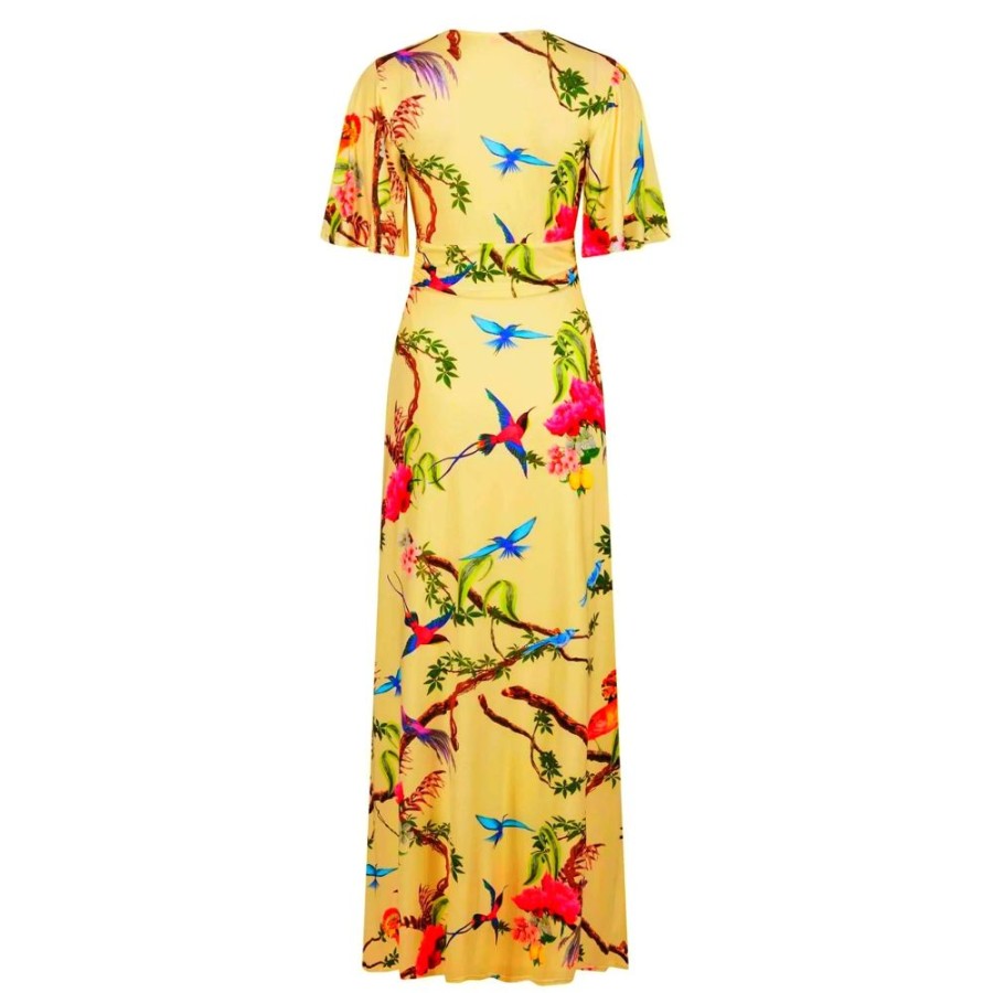 Pretty Kitty Fashion Tropical Bird & Floral Print Waterfall Sleeve Maxi Dress | Party Dresses