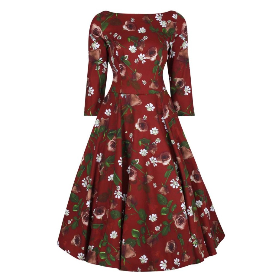 Pretty Kitty Fashion Wine Maroon Autumn Rose Print 3/4 Sleeve Retro Chic Dress | Rockabilly Dresses