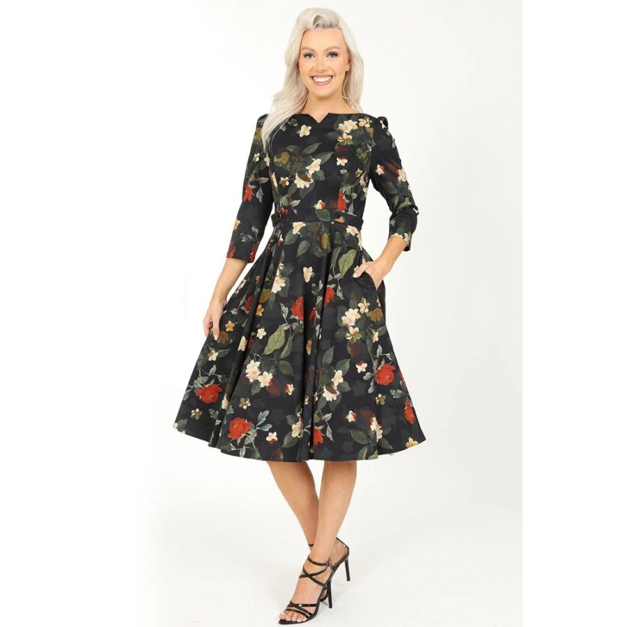 Hearts and Roses Winter Floral Print 3/4 Sleeve Belted 50S Swing Dress With Pockets | Cocktail Dresses